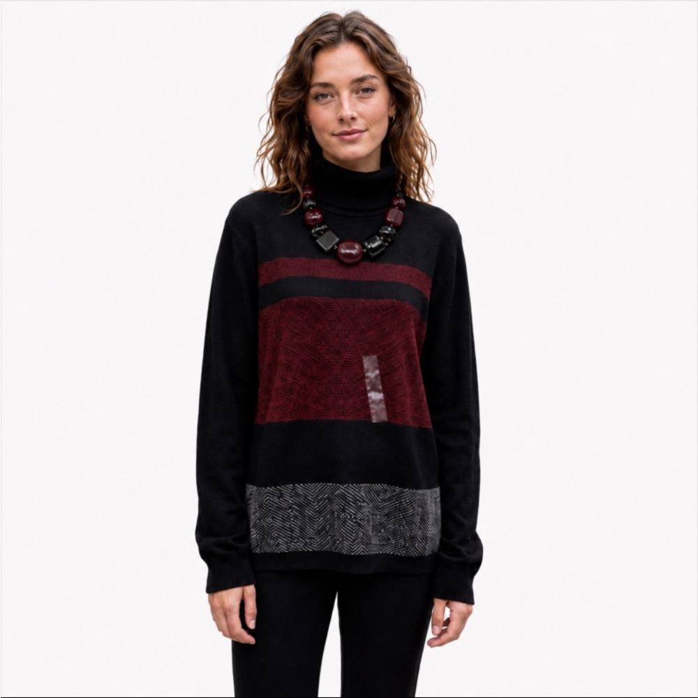 KAREN SCOTT Sweater Black Red Printed Jersey Turtleneck Size XL 💥🆕💥